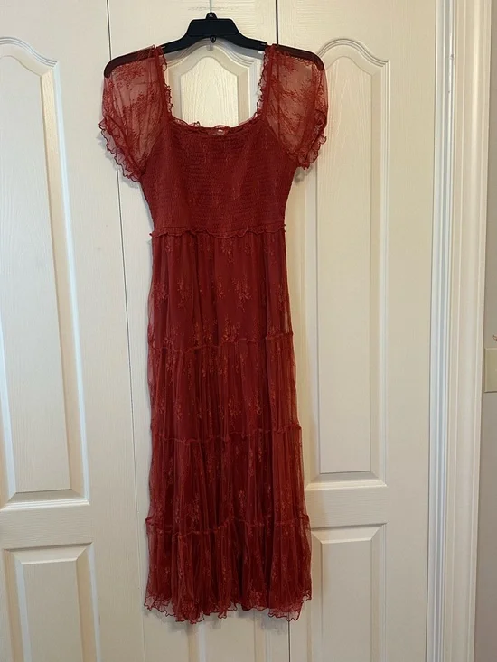 Ember Women’s Rust Lace/Mesh Tiered Midi Dress  Sz. M - Picture 2 of 13